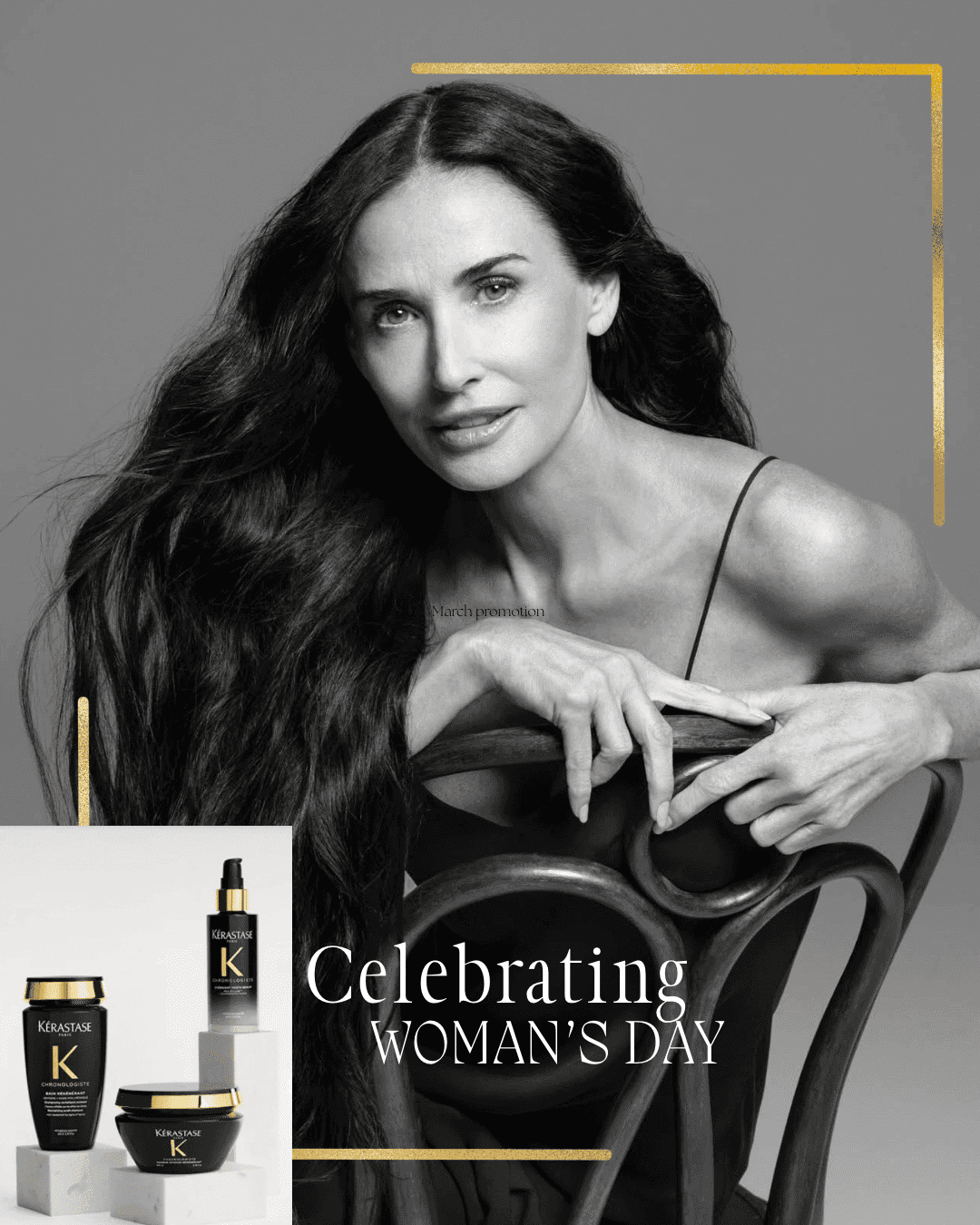 Black and white photo of a woman promoting hair products for Woman's Day.